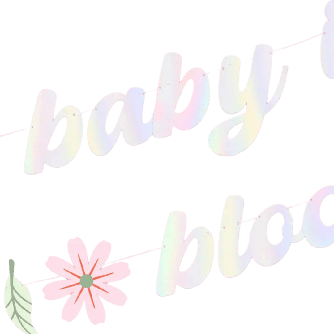 Holographic baby shower banner with pink floral accents from Parte Haus party supply store in Bethesda MD