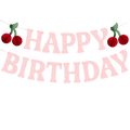 Pink happy birthday banner with red cherry decorations birthday theme from Parte Haus party supply store in Bethesda Maryland.