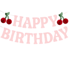 Pink happy birthday banner with red cherry decorations birthday theme from Parte Haus party supply store in Bethesda Maryland.