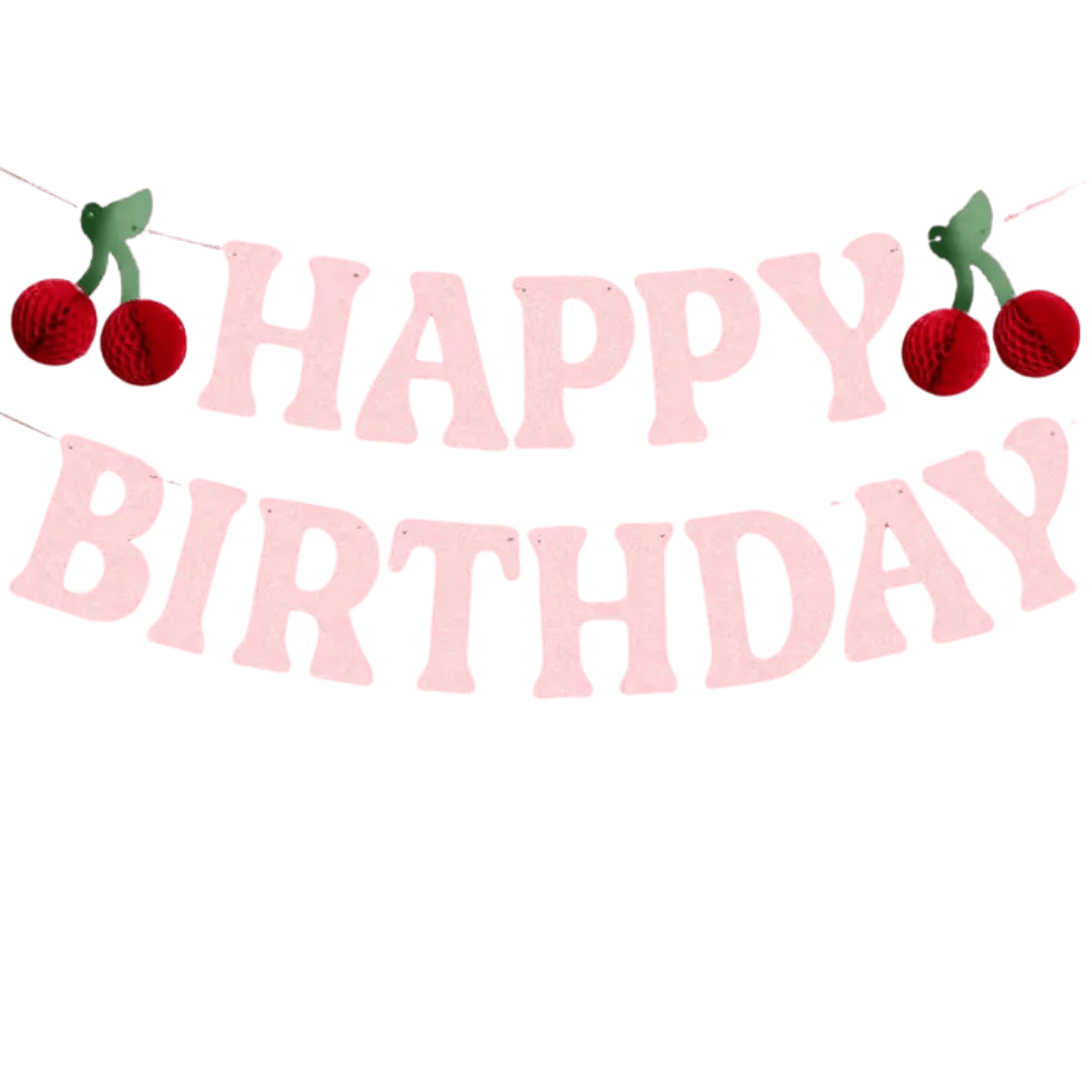 Pink happy birthday banner with red cherry decorations birthday theme from Parte Haus party supply store in Bethesda Maryland.