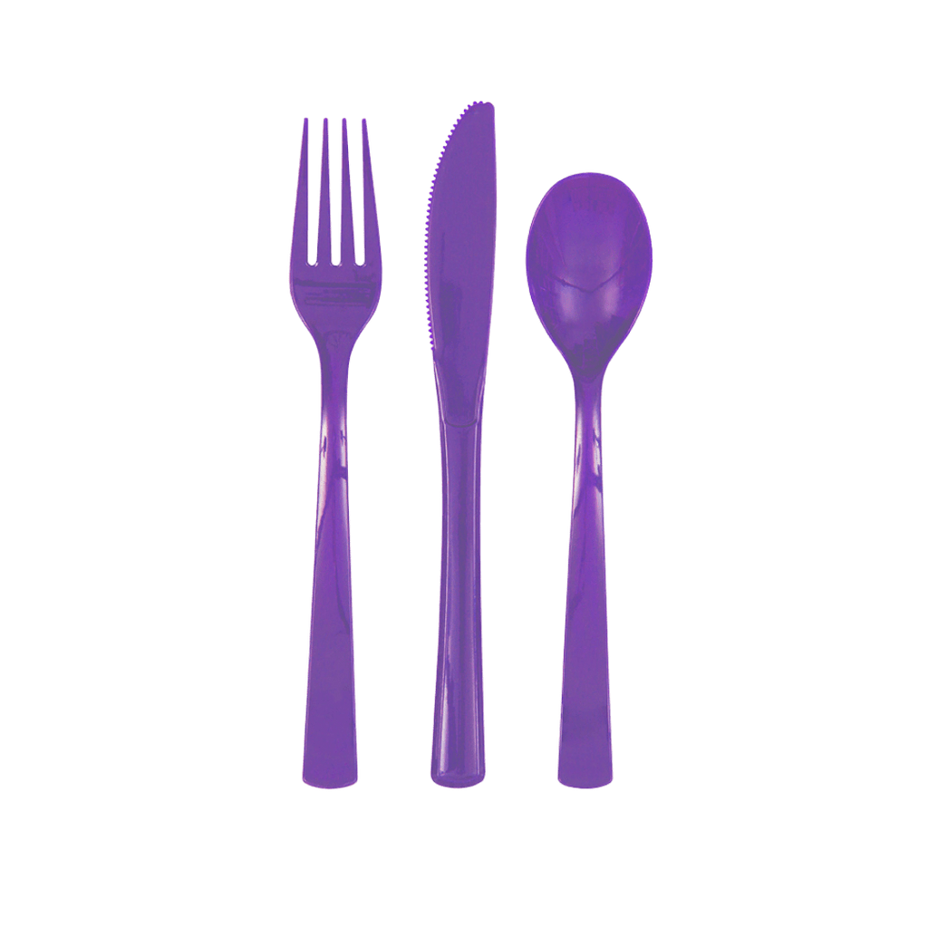 Purple plastic cutlery set with fork knife and spoon for birthday from Parte Haus party supply store in Bethesda MD