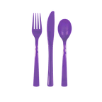 Purple plastic cutlery set with fork knife and spoon for birthday from Parte Haus party supply store in Bethesda MD