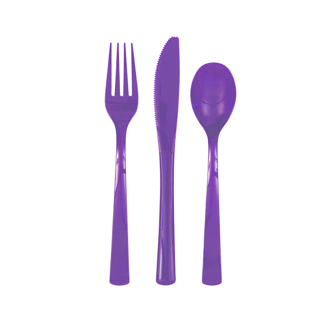 Purple plastic cutlery set with fork knife and spoon for birthday from Parte Haus party supply store in Bethesda MD
