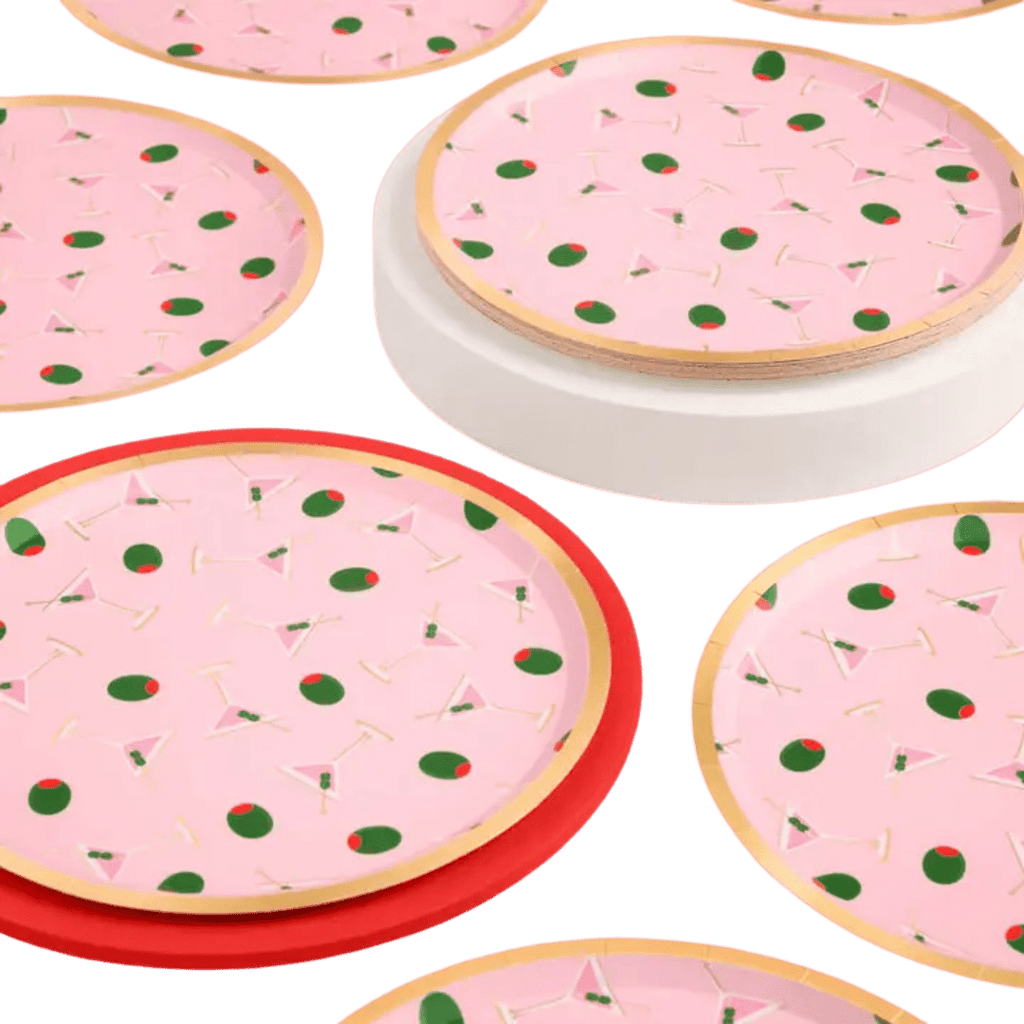 Pink cocktail-themed round plates with olives from Parte Haus party supply store in Bethesda MD