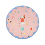 Pink circus plate with dog juggling hoops circus theme from Parte Haus party supply store in Bethesda Maryland