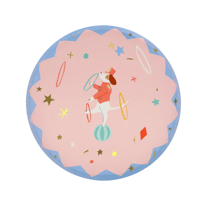 Pink circus plate with dog juggling hoops circus theme from Parte Haus party supply store in Bethesda Maryland