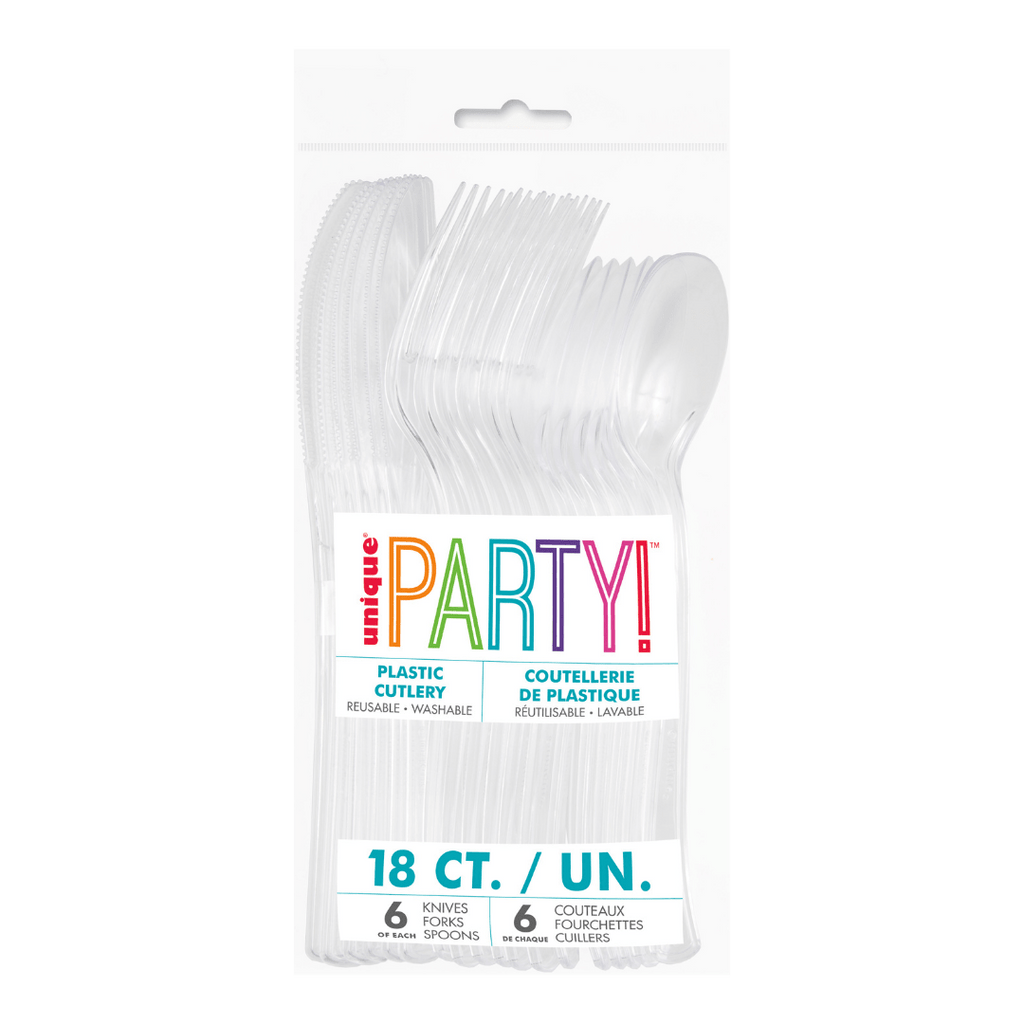 Clear plastic cutlery set eighteen count for celebration from Parte Haus party supply store in Bethesda Maryland