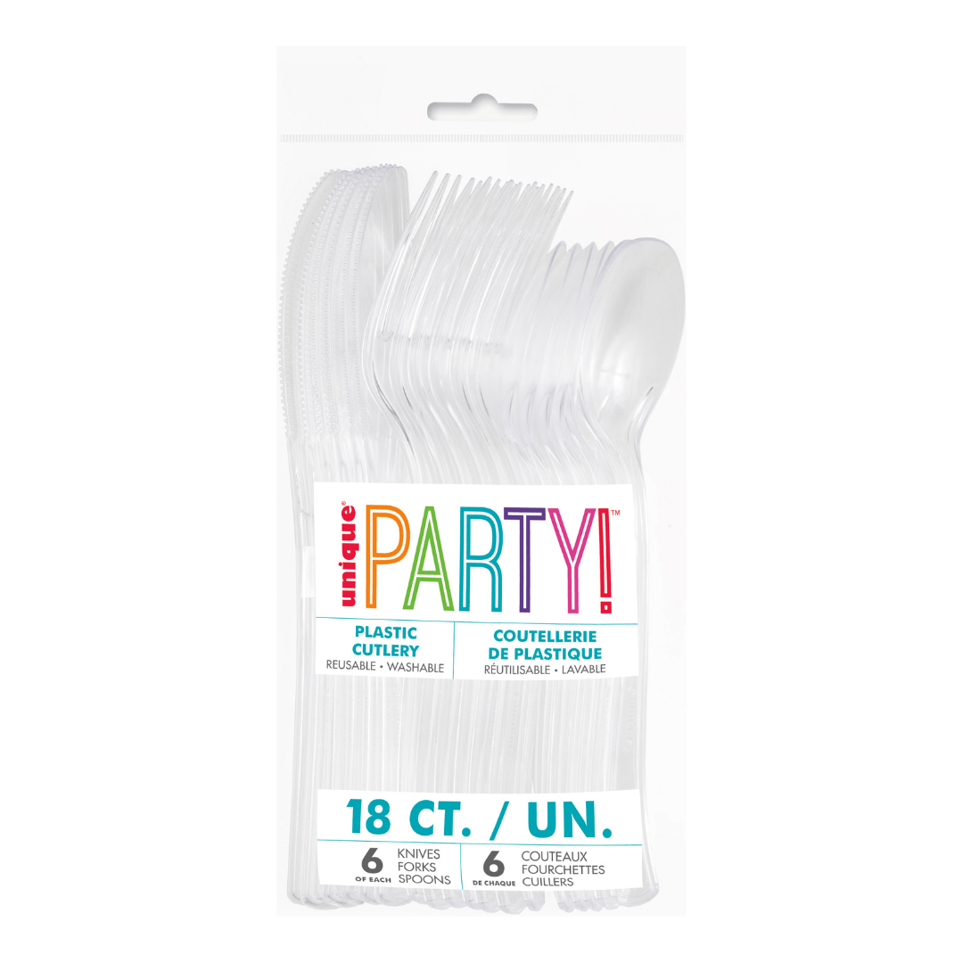 Clear plastic cutlery set eighteen count for celebration from Parte Haus party supply store in Bethesda Maryland
