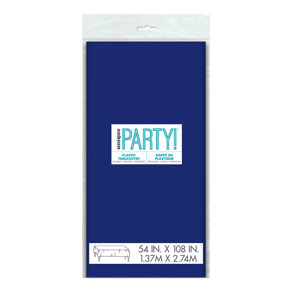 Navy blue plastic tablecover folded in packaging birthday party from Parte Haus party supply store in Bethesda MD