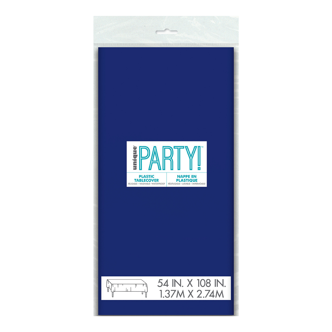 Navy blue plastic tablecover folded in packaging birthday party from Parte Haus party supply store in Bethesda MD