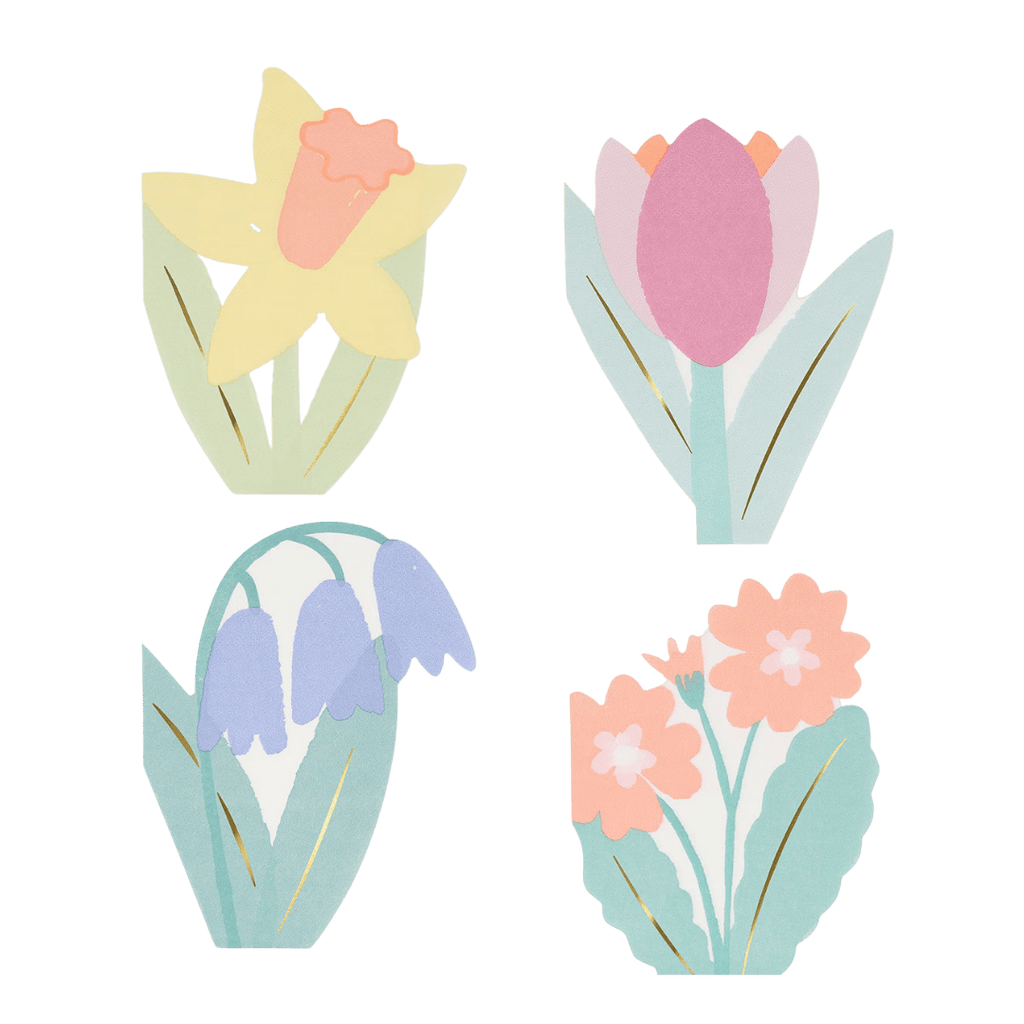 Pastel floral paper cutouts spring flower theme from Parte Haus party supply store in Bethesda Maryland