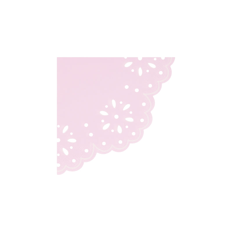 Pink doily paper plate with scalloped edge floral cutout design for birthday from Parte Haus party supply store in Bethesda MD.