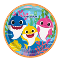 Multicolor Baby Shark theme paper plate with cartoon sharks for kids birthday from Parte Haus party supply store in Bethesda MD