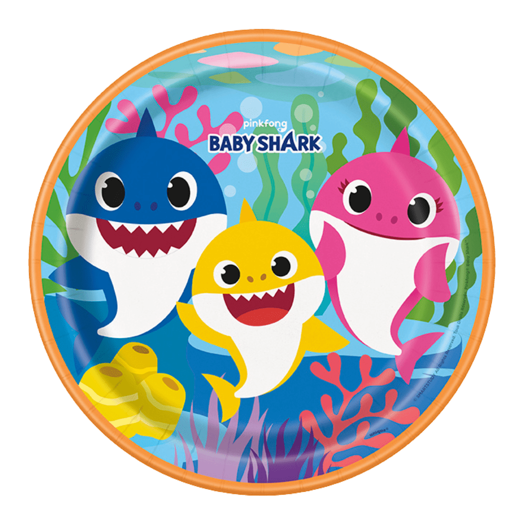 Multicolor Baby Shark theme paper plate with cartoon sharks for kids birthday from Parte Haus party supply store in Bethesda MD