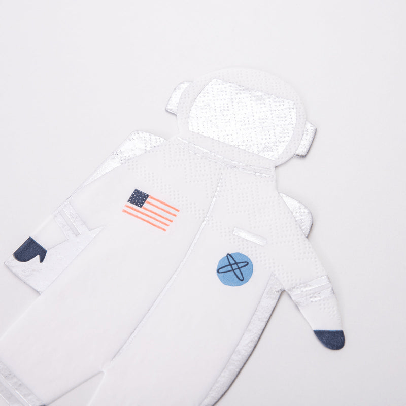 White astronaut napkin shaped like a spacesuit kids space birthday from Parte Haus party supply store in Bethesda Maryland