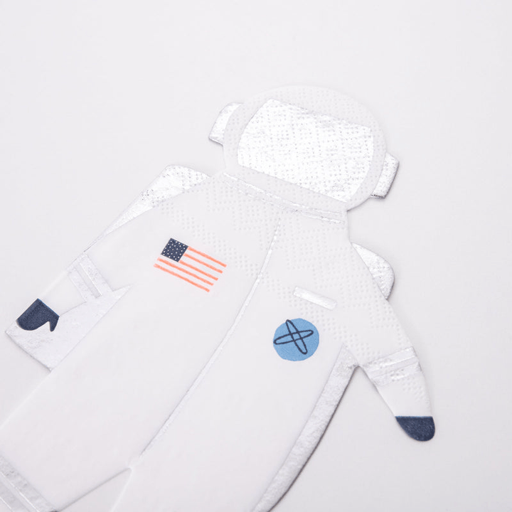 White astronaut napkin shaped like a spacesuit kids space birthday from Parte Haus party supply store in Bethesda Maryland