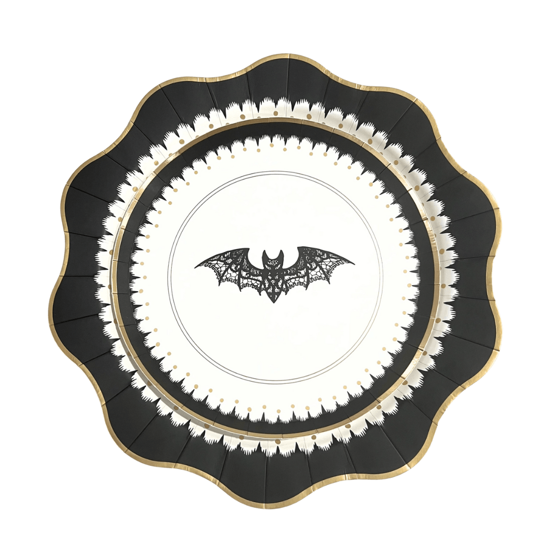 Black and gold Halloween plate with bat design from Parte Haus party supply store in Bethesda Maryland