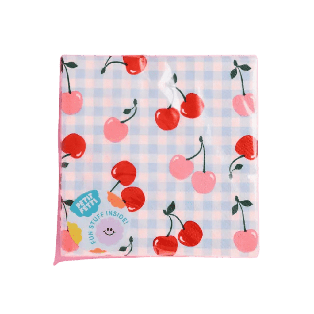 Pink and red cherry napkins with blue checkered background summer picnic theme from Parte Haus party supply store in Bethesda MD