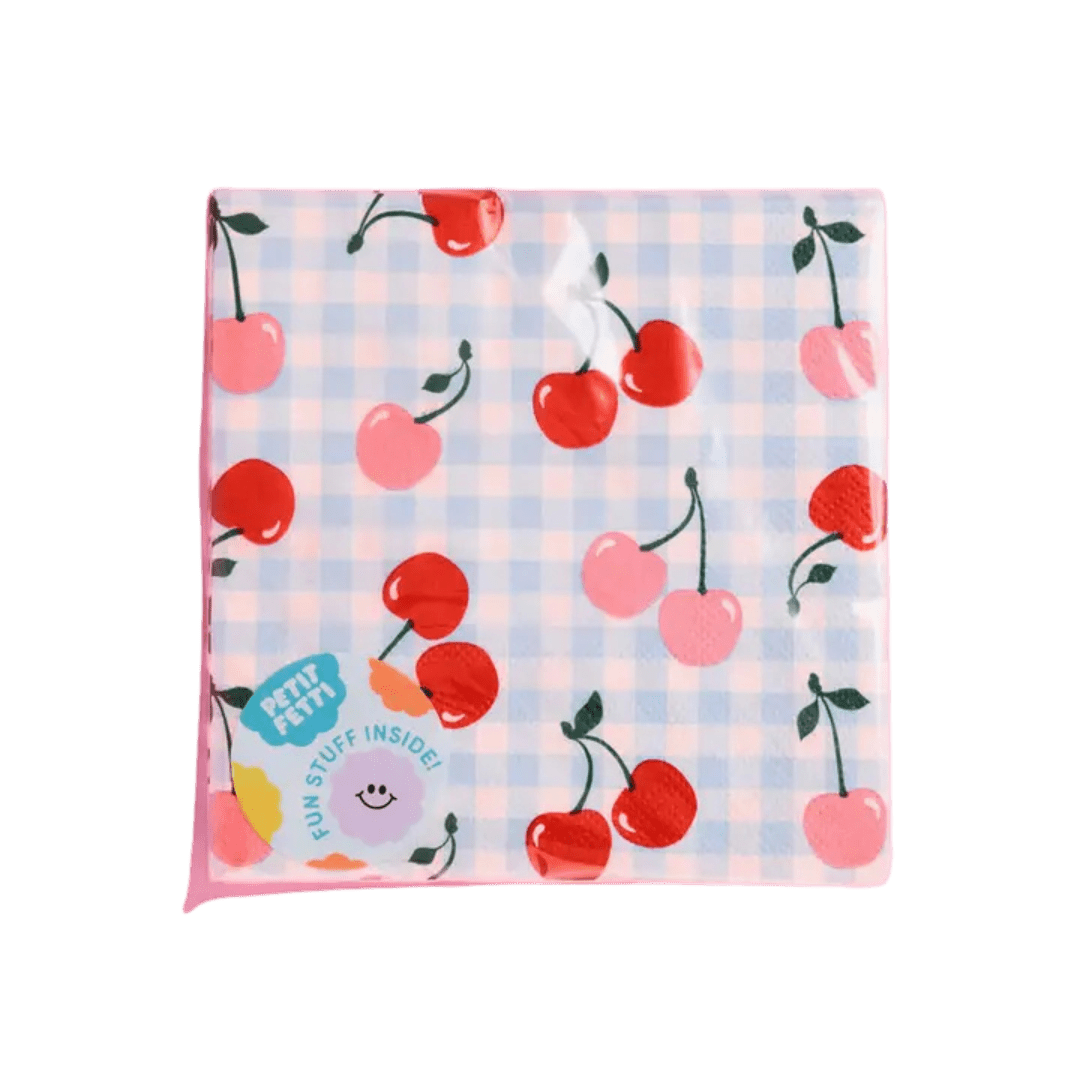 Pink and red cherry napkins with blue checkered background summer picnic theme from Parte Haus party supply store in Bethesda MD