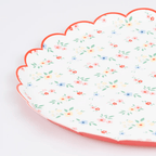 White floral paper plate with red scalloped edge for spring celebration from Parte Haus party supply store in Bethesda MD