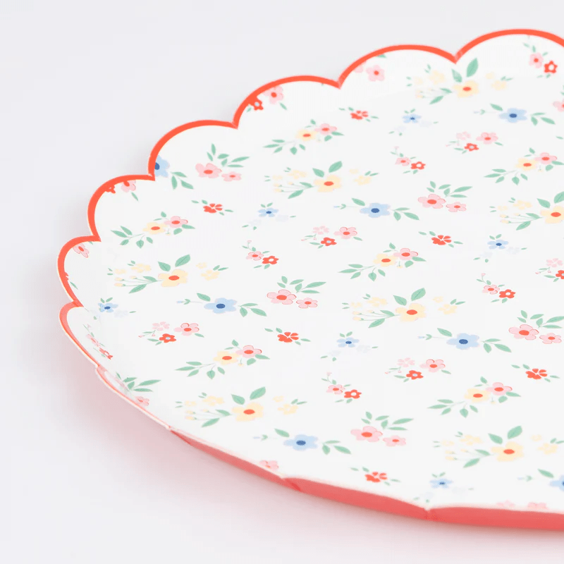 White floral paper plate with red scalloped edge for spring celebration from Parte Haus party supply store in Bethesda MD