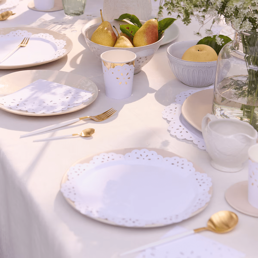 White lace paper plates elegant table setting brunch theme from Parte Haus party supply store in Bethesda MD