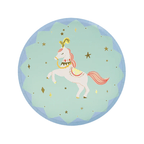 Blue unicorn paper plate with gold stars circus theme from Parte Haus party supply store in Bethesda Maryland