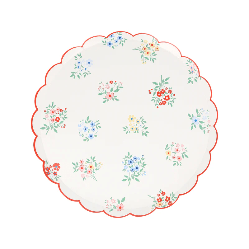 White floral plate with scalloped edge for spring garden event from Parte Haus party supply store in Bethesda MD