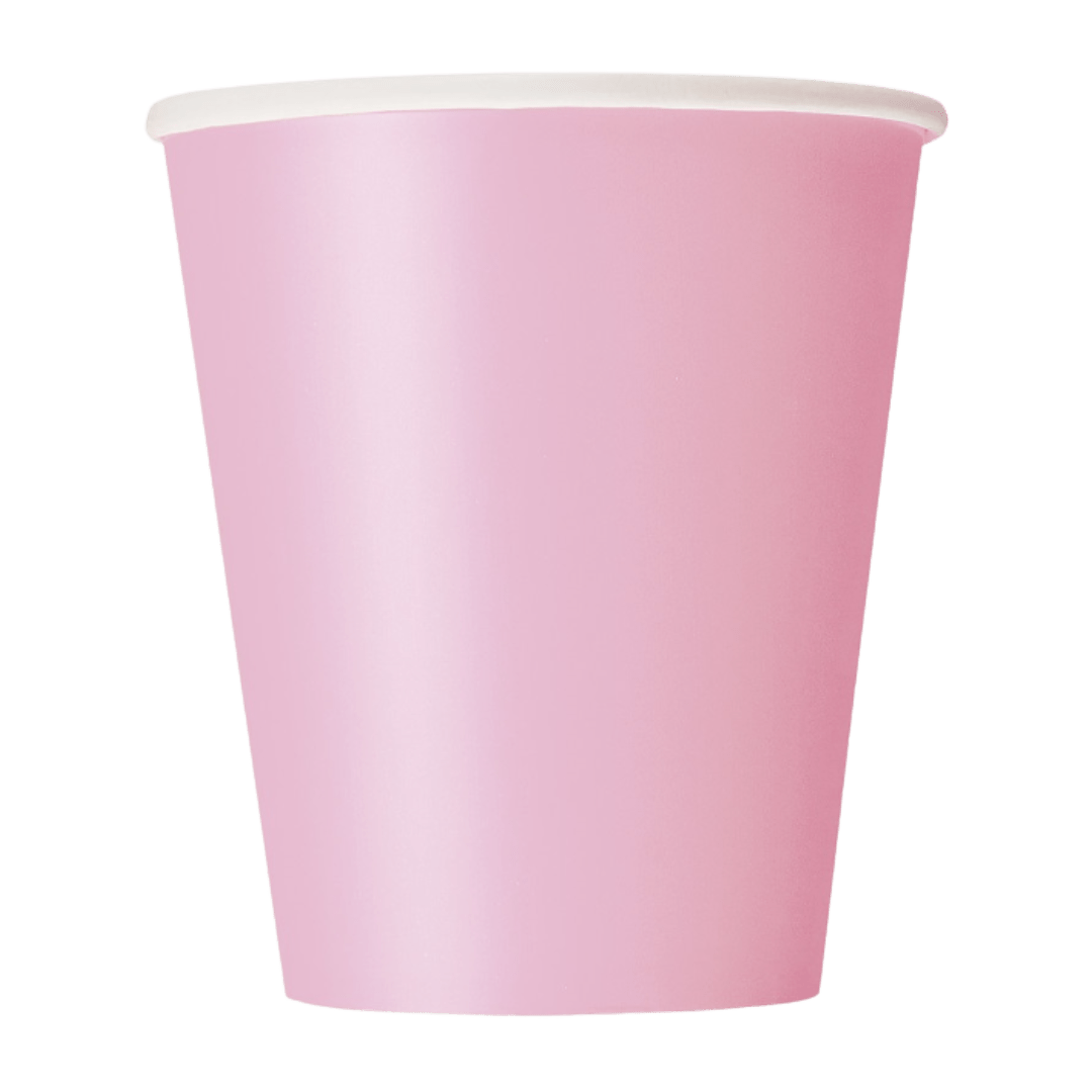 Pink paper cup with a white rim for birthday celebration from Parte Haus party supply store in Bethesda, MD.