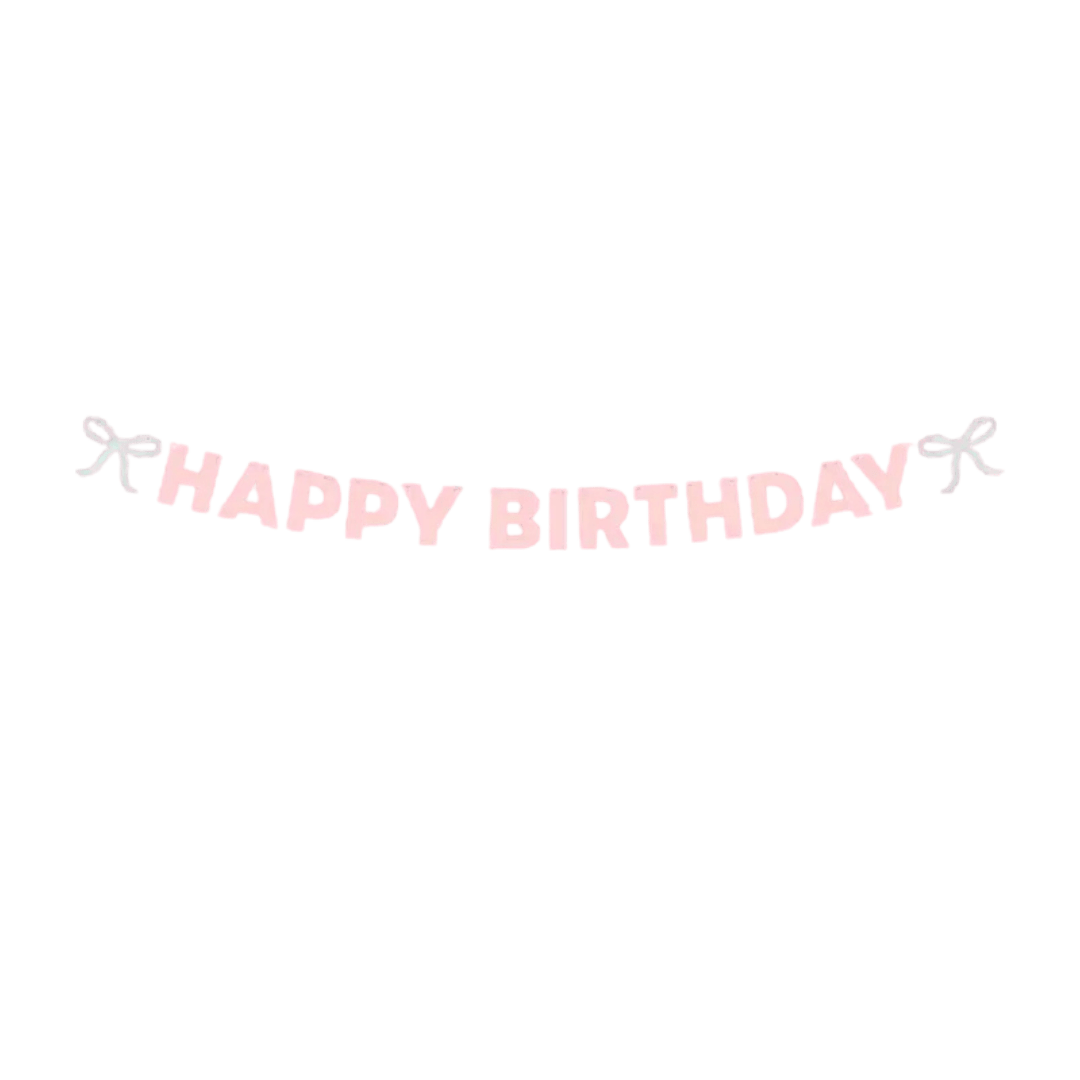 Pink happy birthday banner with bow ties birthday theme from Parte Haus party supply store in Bethesda MD.