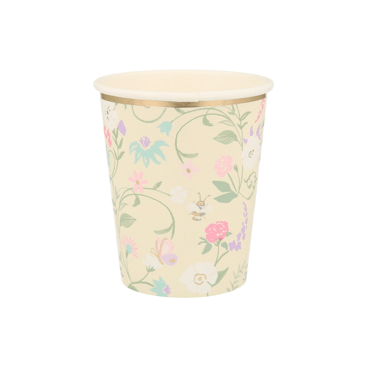 Pastel floral paper cup with butterfly and bee spring garden design from Parte Haus party supply store in Bethesda MD