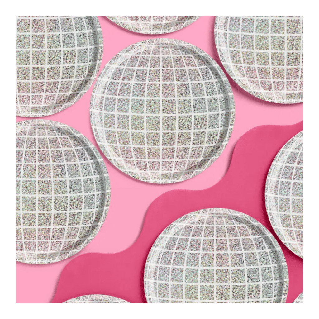 Silver disco ball plates with glitter squares disco theme from Parte Haus party supply store in Bethesda Maryland.