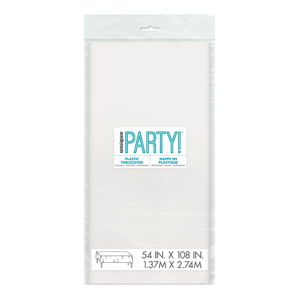 White plastic tablecover rectangular packaged for celebration from Parte Haus party supply store in Bethesda MD