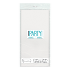 White plastic tablecover rectangular packaged for celebration from Parte Haus party supply store in Bethesda MD