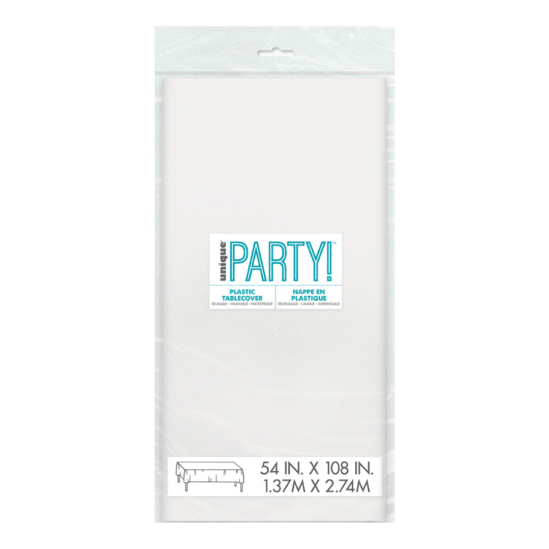 White plastic tablecover rectangular packaged for celebration from Parte Haus party supply store in Bethesda MD