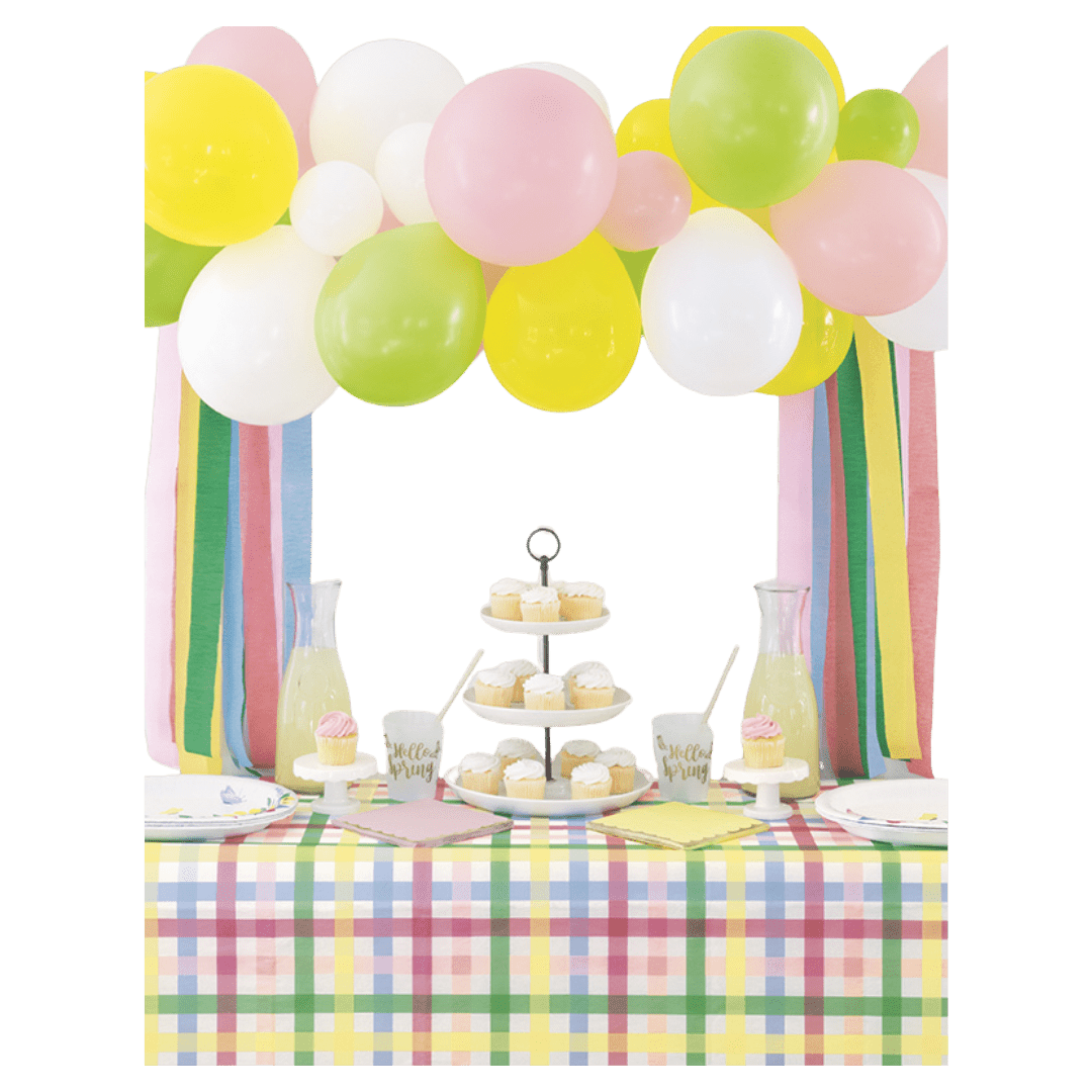 Pastel balloon garland party table spring theme decorations from Parte Haus party supply store in Bethesda MD