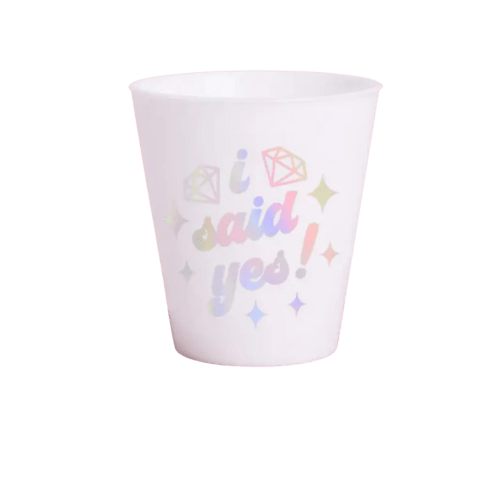 White engagement cup with I said yes and diamond graphics bridal shower from Parte Haus party supply store in Bethesda, MD