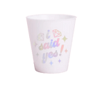 White engagement cup with I said yes and diamond graphics bridal shower from Parte Haus party supply store in Bethesda, MD