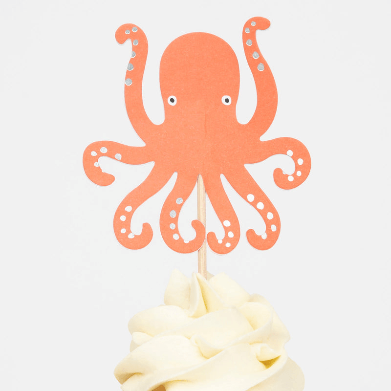 Orange octopus cupcake topper on ocean theme from Parte Haus party supply store in Bethesda Maryland