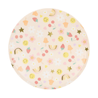 Pastel round paper plate with rainbows smiley faces and fruit for birthday from Parte Haus party supply store in Bethesda MD