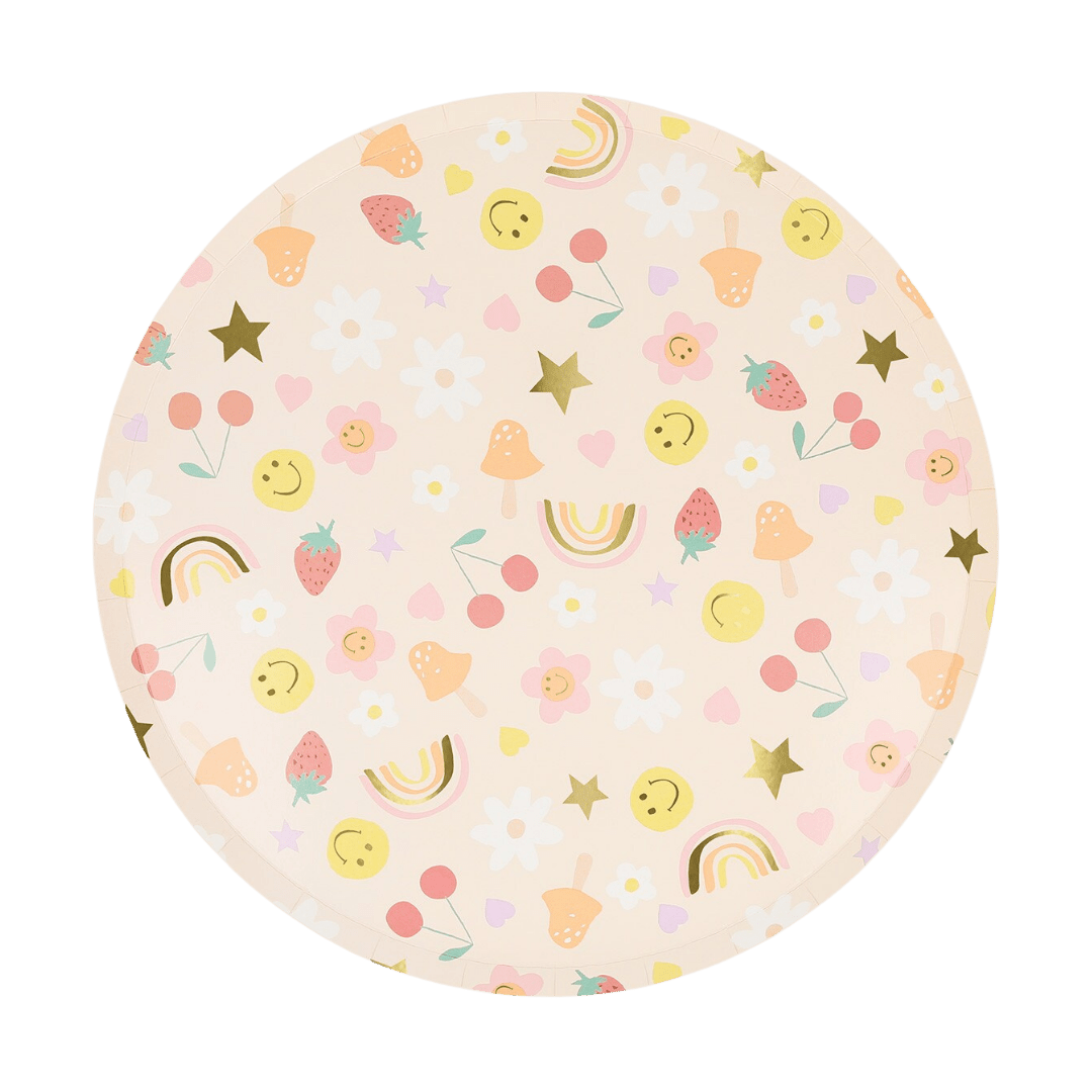 Pastel round paper plate with rainbows smiley faces and fruit for birthday from Parte Haus party supply store in Bethesda MD