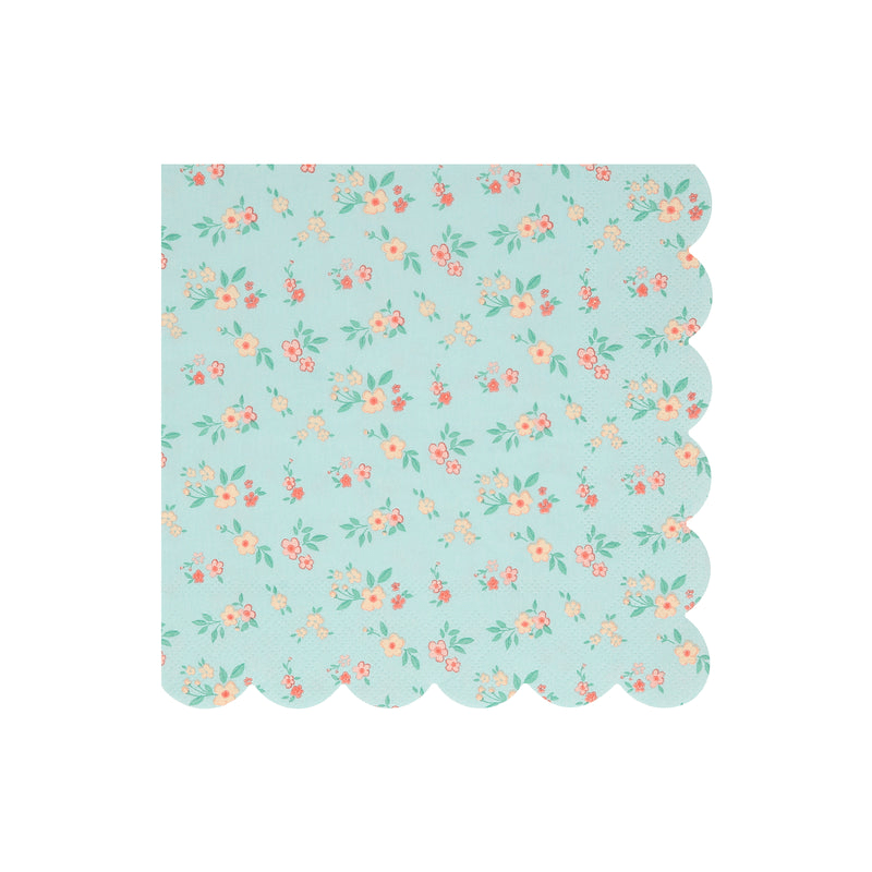 Aqua floral napkin with scalloped edges spring theme from Parte Haus party supply store in Bethesda Maryland