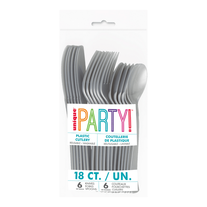 Silver plastic cutlery set with knives forks and spoons birthday party from Parte Haus party supply store in Bethesda MD
