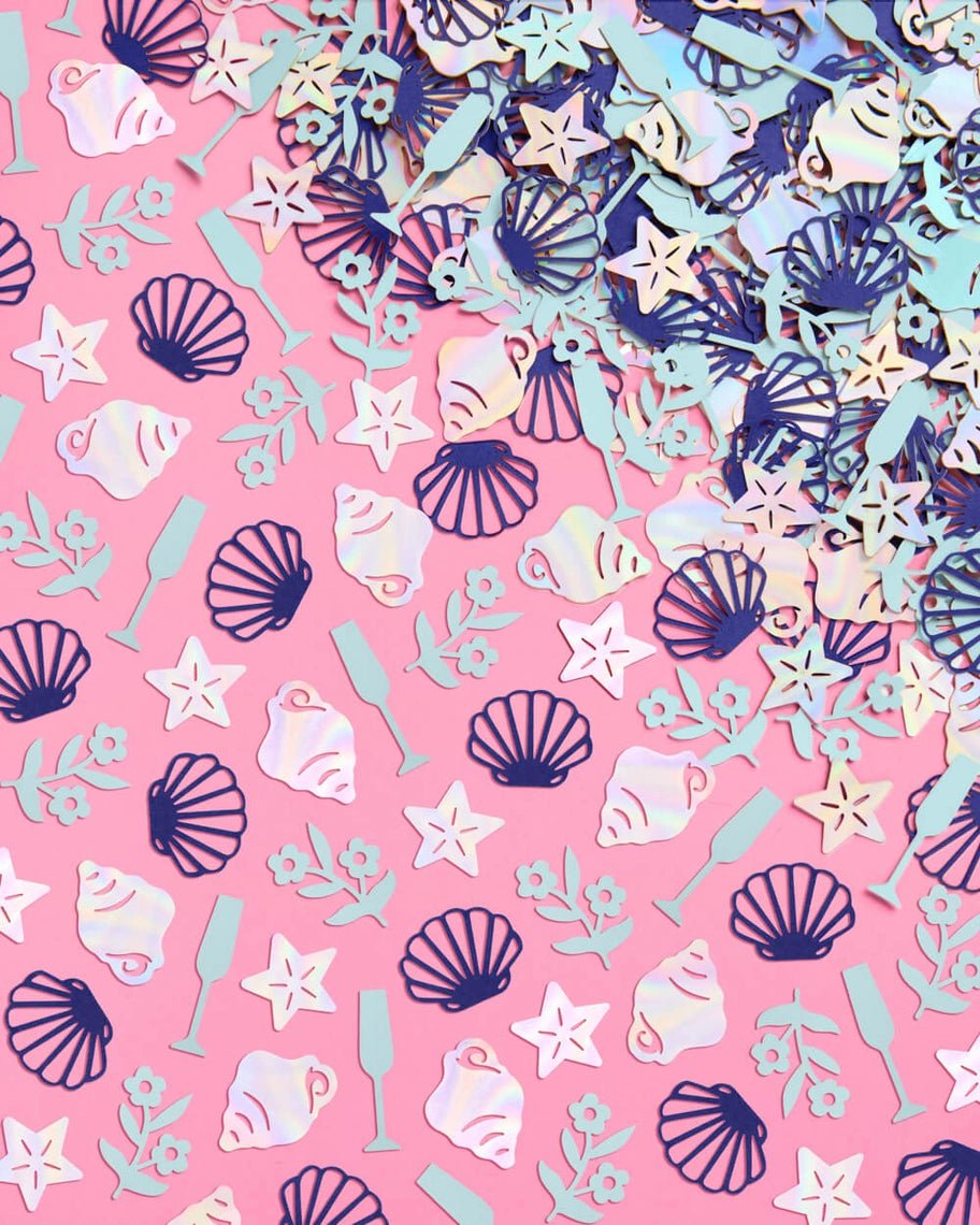 iridescent pastel confetti mix with seashells and flowers mermaid theme from Parte Haus party supply store in Bethesda MD