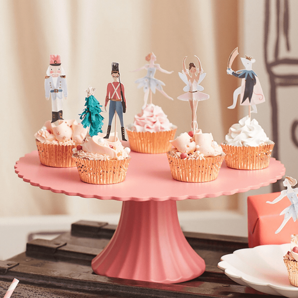 Pink Nutcracker cupcake toppers holiday theme on cupcakes from Parte Haus party supply store in Bethesda Maryland