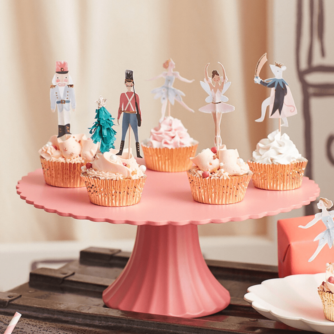 Pink Nutcracker cupcake toppers holiday theme on cupcakes from Parte Haus party supply store in Bethesda Maryland