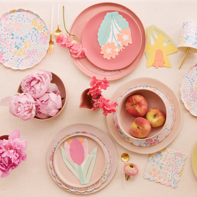 Pastel floral plates pink tableware spring garden theme from Parte Haus party supply store in Bethesda MD