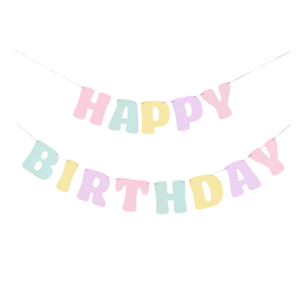 Pastel multicolor birthday banner with HAPPY BIRTHDAY lettering birthday theme from Parte Haus party supply store in Bethesda Maryland