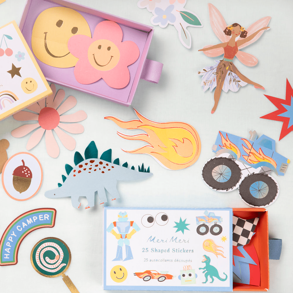 Colorful shaped sticker set with smiling flower fairy dinosaur and flame designs for kids birthday from Parte Haus party supply store in Bethesda Maryland