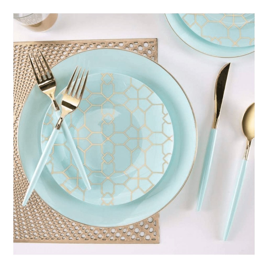 Aqua blue dinnerware set with gold geometric pattern for modern celebration from Parte Haus party supply store in Bethesda Maryland